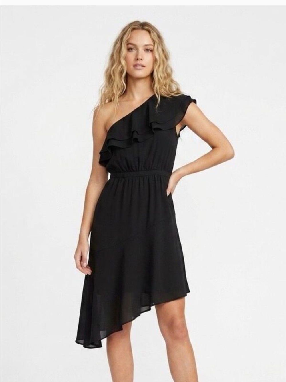 Likely Black One-Shoulder Ruffle Midi Dress